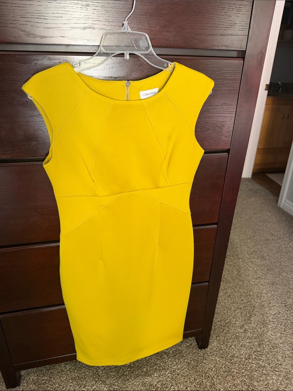 Calvin Klein Yellow Sheath Dress with Cap Sleeves